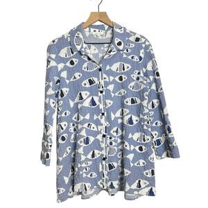Habitat Crinkle Button Shirt Tunic Fish Print Art To Wear Funky Blue Womens XS